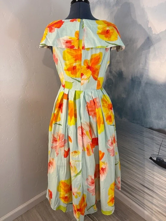 Floral Mint Green Midi Dress with Yellow & Coral Blooms #149 - Picture 7 of 10